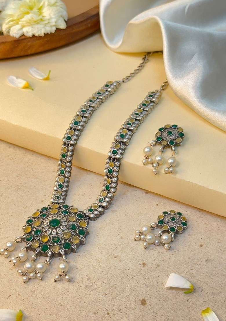 Silver Plated Oxidised Stone Studded And Beaded Jewellery Set - Indya