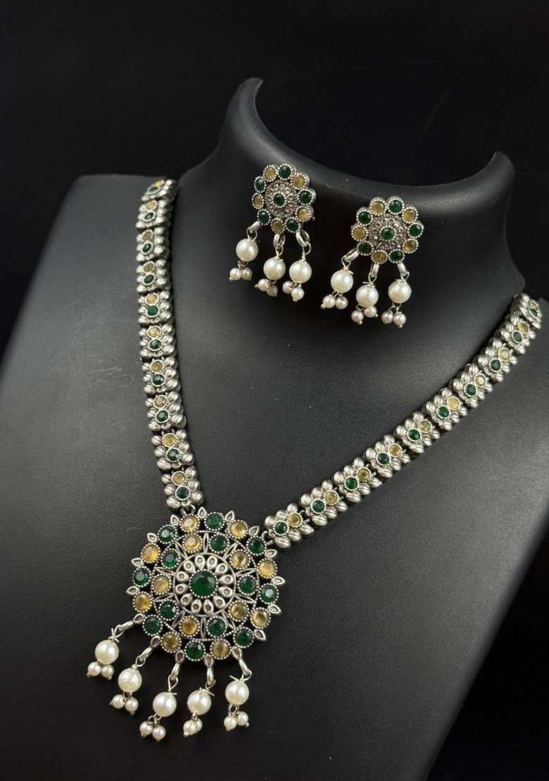Silver Plated Oxidised Stone Studded And Beaded Jewellery Set - Indya