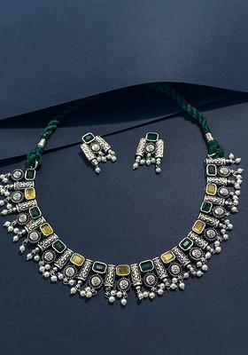 Silver Plated Stone Studded And Beaded Oxidised Jewellery Set