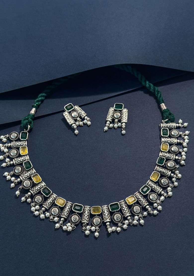 Silver Plated Stone Studded And Beaded Oxidised Jewellery Set - Indya