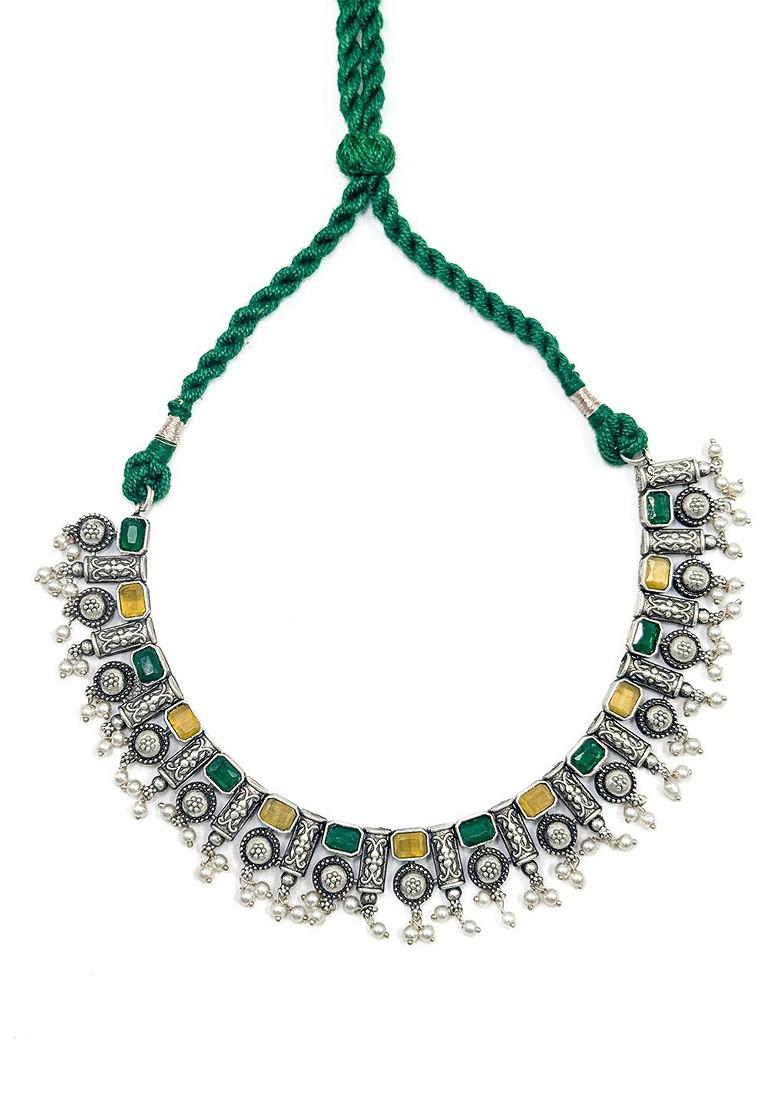 Silver Plated Stone Studded And Beaded Oxidised Jewellery Set