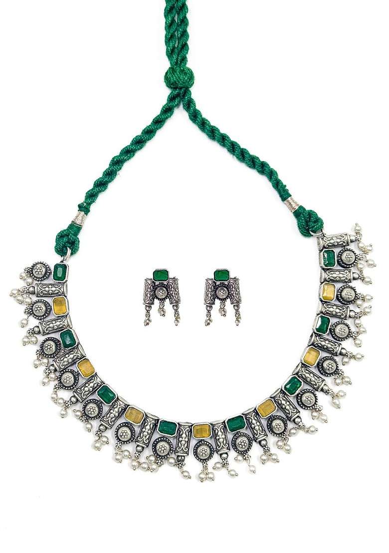 Silver Plated Stone Studded And Beaded Oxidised Jewellery Set - Indya