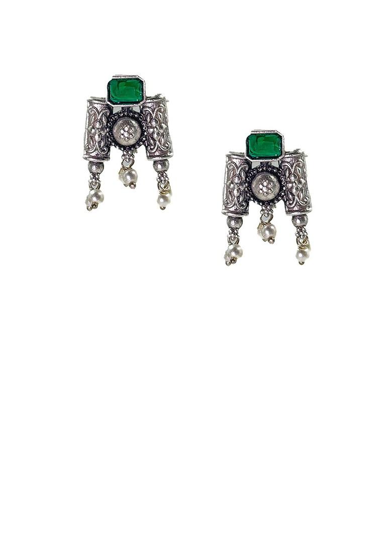 Silver Plated Stone Studded And Beaded Oxidised Jewellery Set