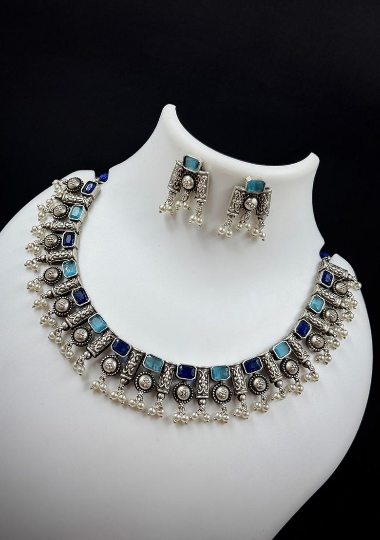 Silver Plated Stone Studded And Beaded Oxidised Jewellery Set