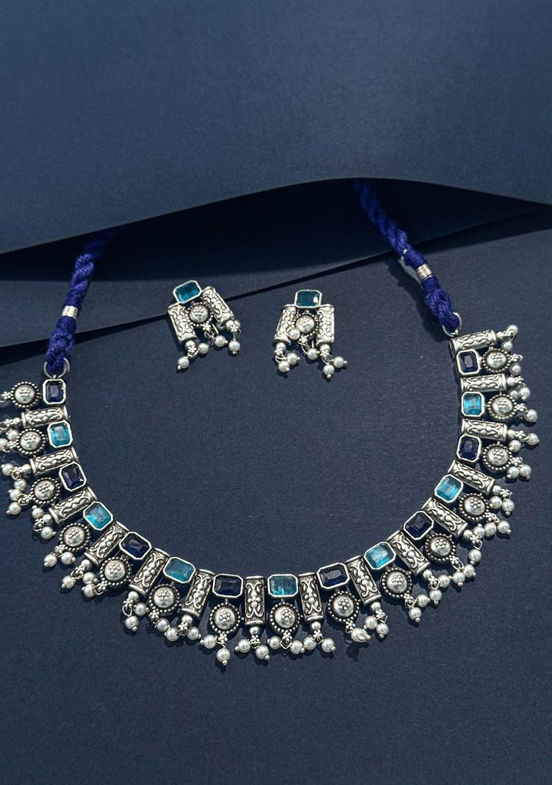 Silver Plated Stone Studded And Beaded Oxidised Jewellery Set