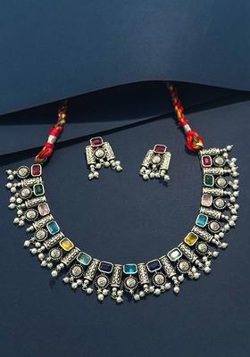 Silver Plated Oxidised Stone Studded And Beaded Jewellery Set