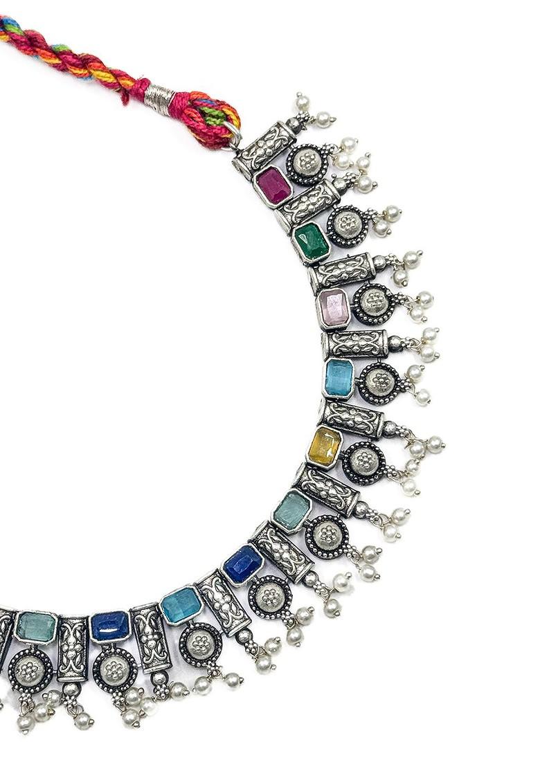 Silver Plated Oxidised Stone Studded And Beaded Jewellery Set