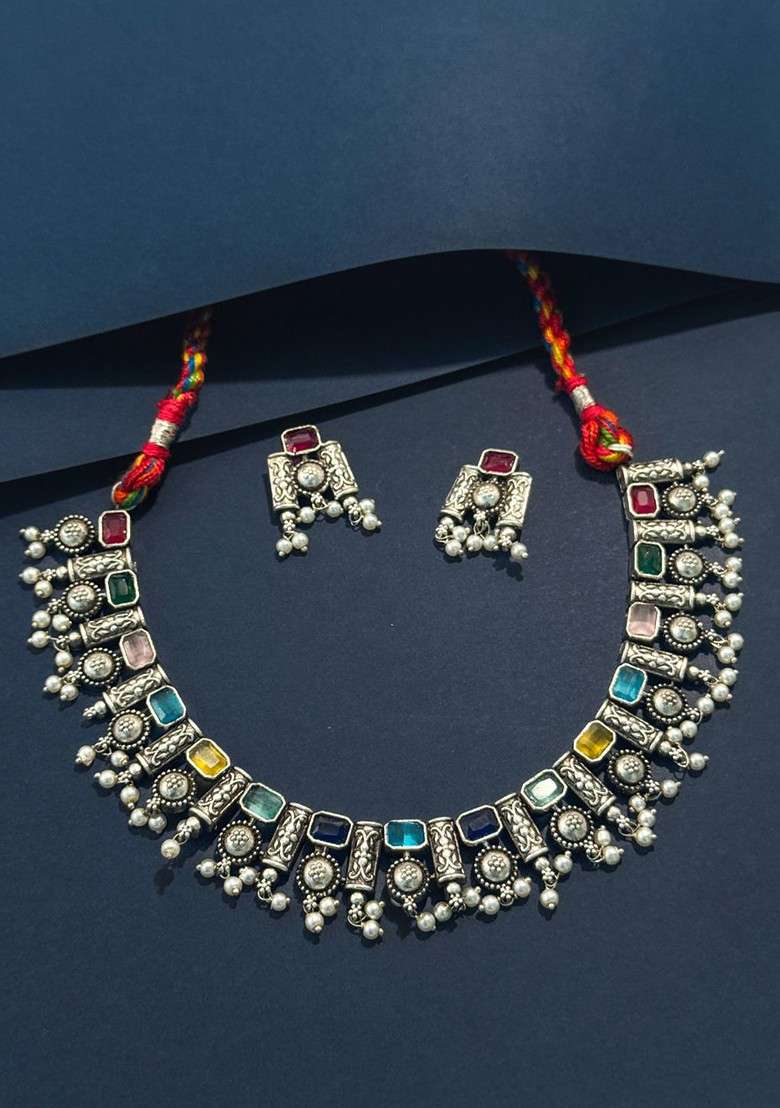 Silver Plated Oxidised Stone Studded And Beaded Jewellery Set - Indya