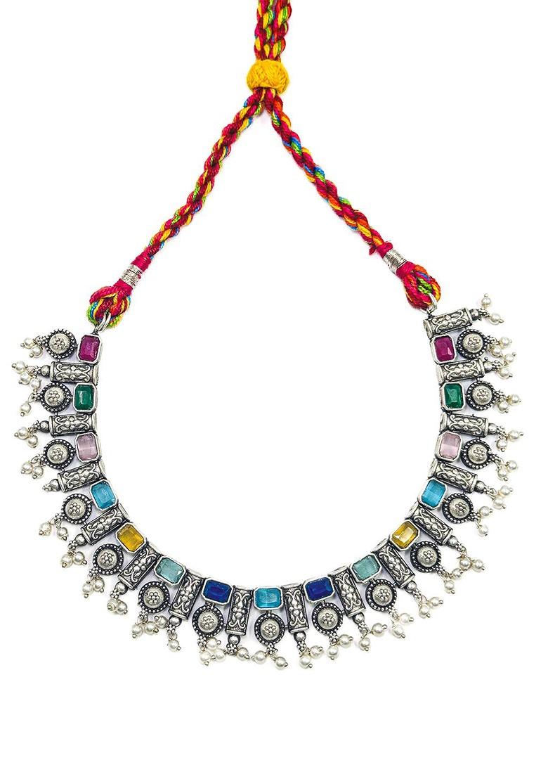 Silver Plated Oxidised Stone Studded And Beaded Jewellery Set