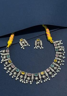 Silver Plated Stone Studded And Beaded Oxidised Jewellery Set