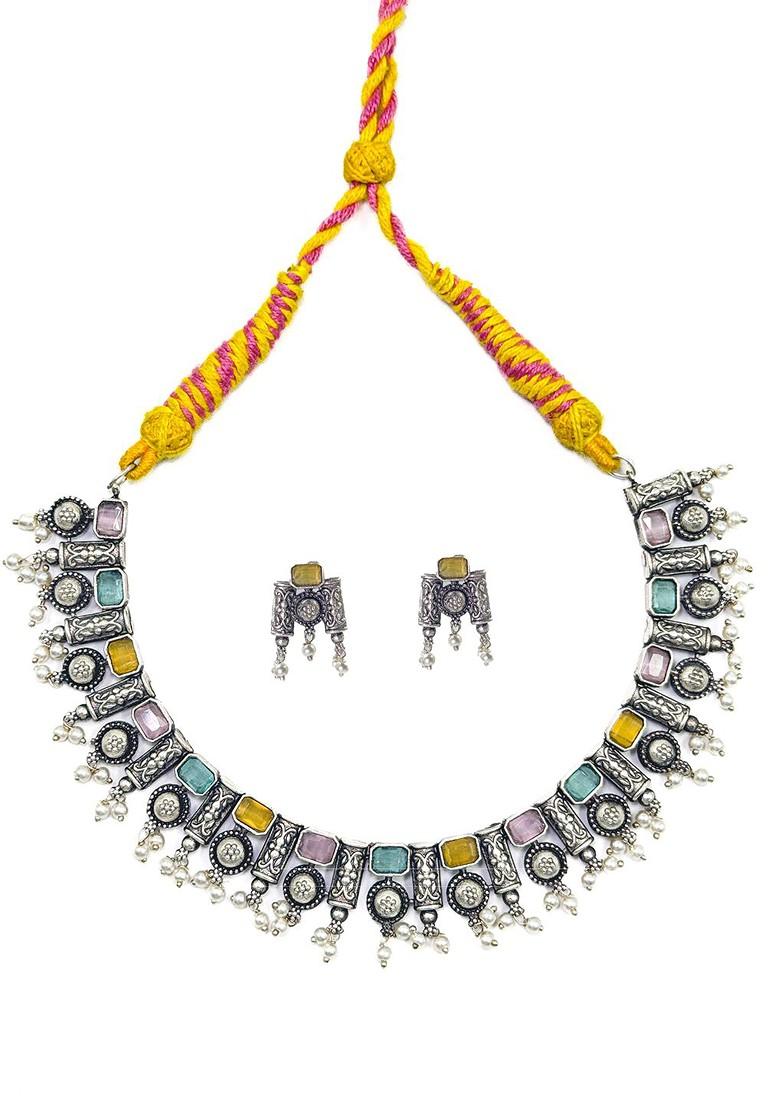 Silver Plated Stone Studded And Beaded Oxidised Jewellery Set