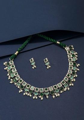 Silver Plated Oxidised Stone Studded And Beaded Jewellery Set