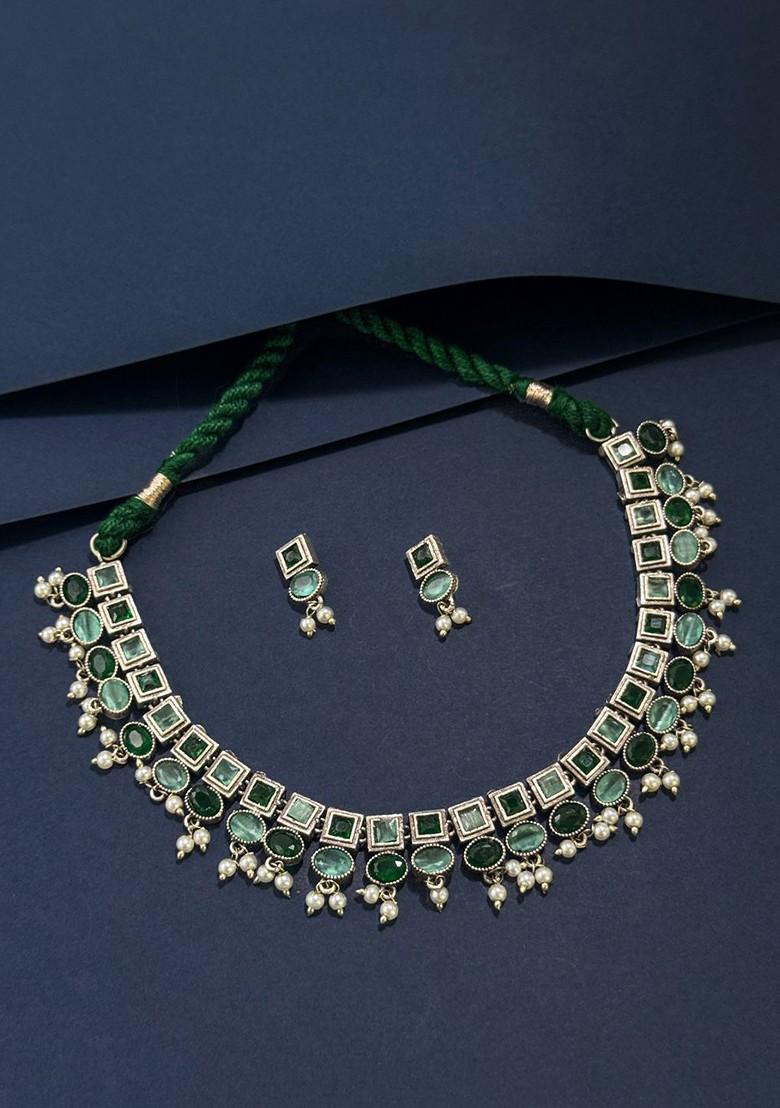 Silver Plated Oxidised Stone Studded And Beaded Jewellery Set