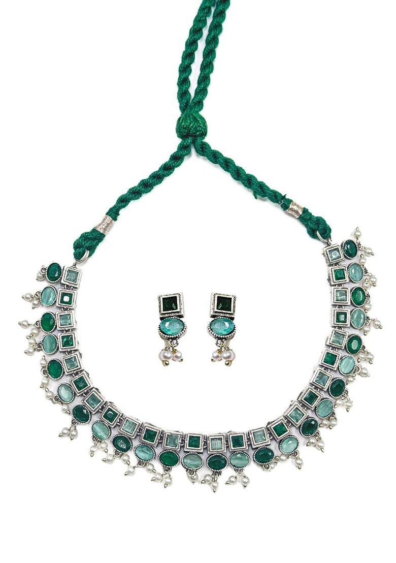 Silver Plated Oxidised Stone Studded And Beaded Jewellery Set