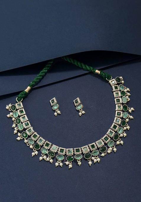 Silver Plated Oxidised Stone Studded And Beaded Jewellery Set