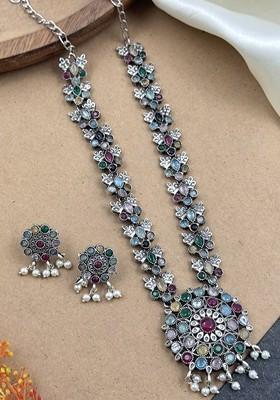 Silver Plated Stone Studded And Beaded Oxidised Jewellery Set