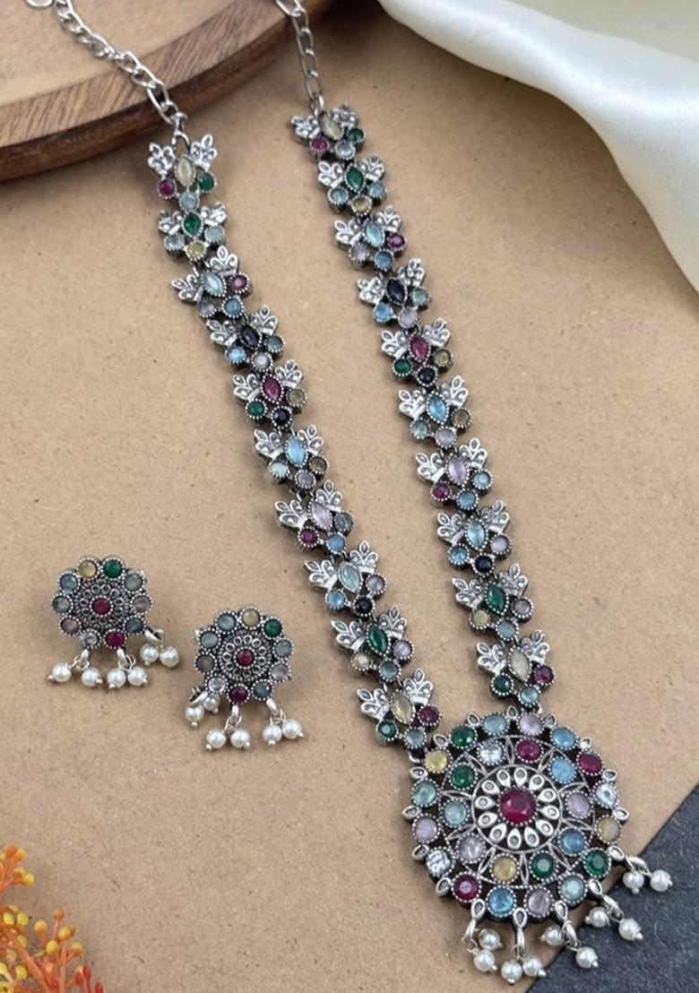 Silver Plated Stone Studded And Beaded Oxidised Jewellery Set