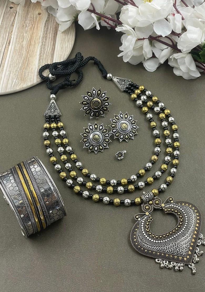 Rohini 3 Line Dual Tone Silver Plated Oxidised Necklace Jewellery Set