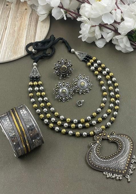 Rohini 3 Line Dual Tone Silver Plated Oxidised Necklace Jewellery Set