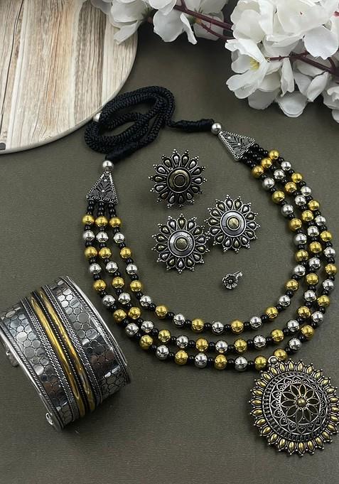 Rohini 3 Line Silver Plated Oxidised Necklace Jewellery Set