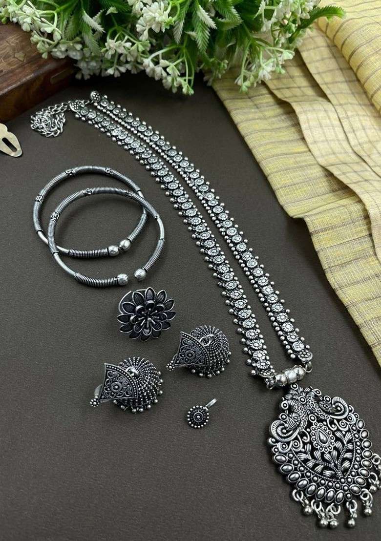 Vira Kolapuri Silver Plated Oxidised Long Necklace Jewellery Set - Indya