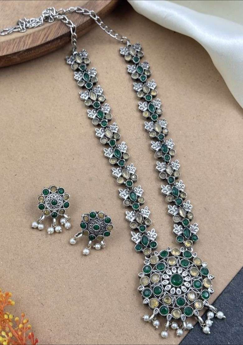 Silver Plated Oxidised Stone Studded And Beaded Jewellery Set - Indya