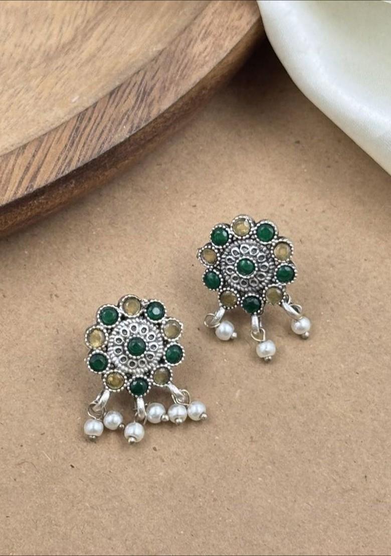 Silver Plated Oxidised Stone Studded And Beaded Jewellery Set