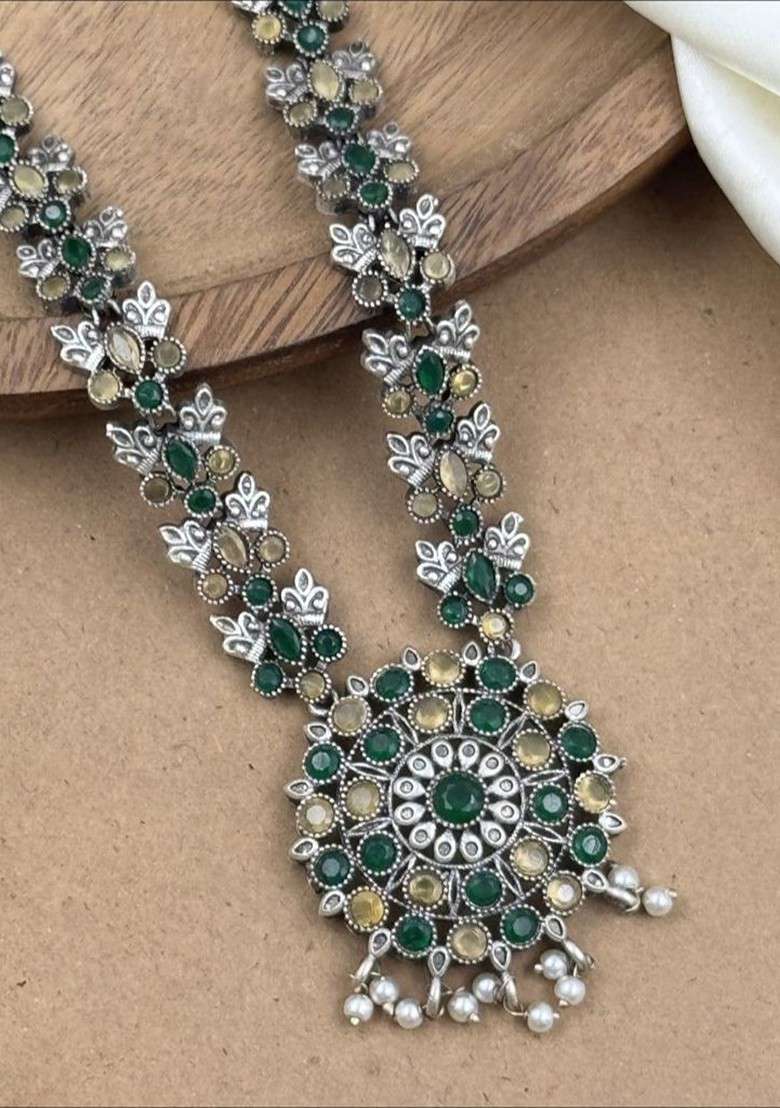 Silver Plated Oxidised Stone Studded And Beaded Jewellery Set - Indya