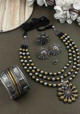 Rohini 3 Line Dual Tone Gold Plated Oxidised Jewellery Set