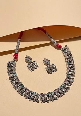 Silver Plated Stone Studded Oxidised Jewellery Set