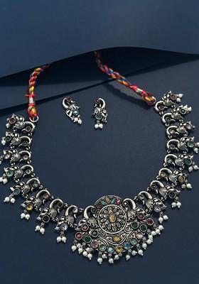 Silver Plated Oxidised Stone Studded And Beaded Jewellery Set