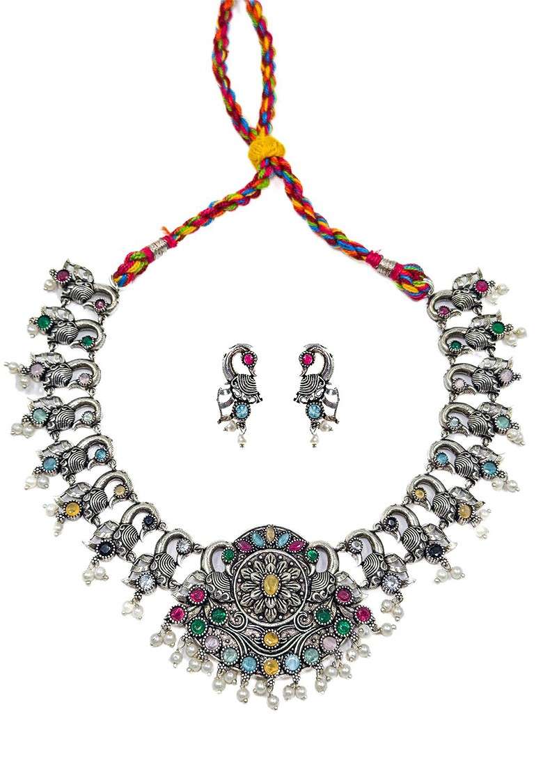 Silver Plated Oxidised Stone Studded And Beaded Jewellery Set - Indya