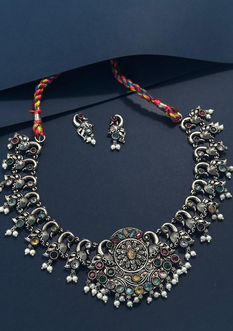 Silver Plated Oxidised Stone Studded And Beaded Jewellery Set