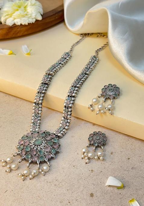 Silver Plated Stone Studded And Beaded Oxidised Jewellery Set