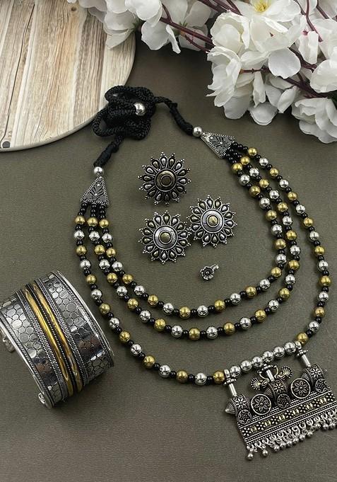 Rohini 3 Line Dual Tone Silver Plated Oxidised Jewellery Set