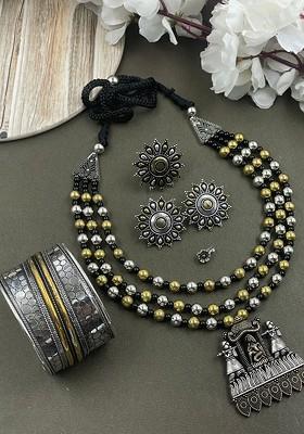 Rohini 3 Line Silver Plated Oxidised Necklace Jewellery Set
