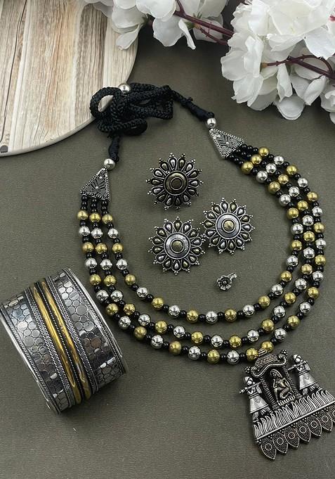 Rohini 3 Line Silver Plated Oxidised Necklace Jewellery Set