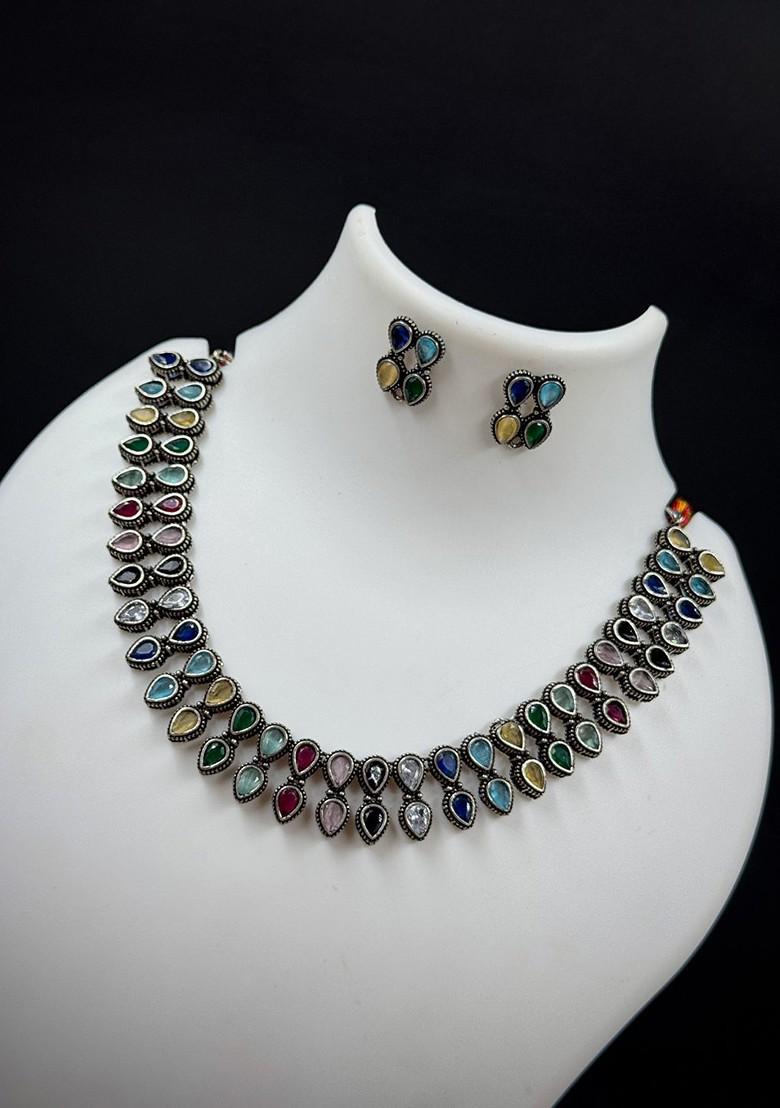 Silver Plated Stone Studded Oxidised Jewellery Set