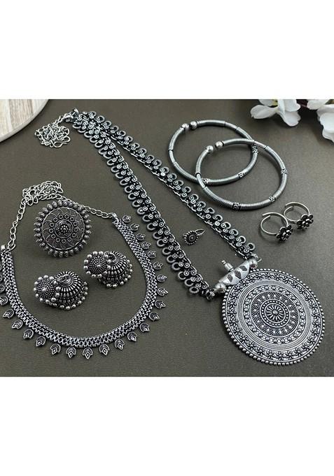 Spring Silver Plated Oxidised Necklace Jewellery Set