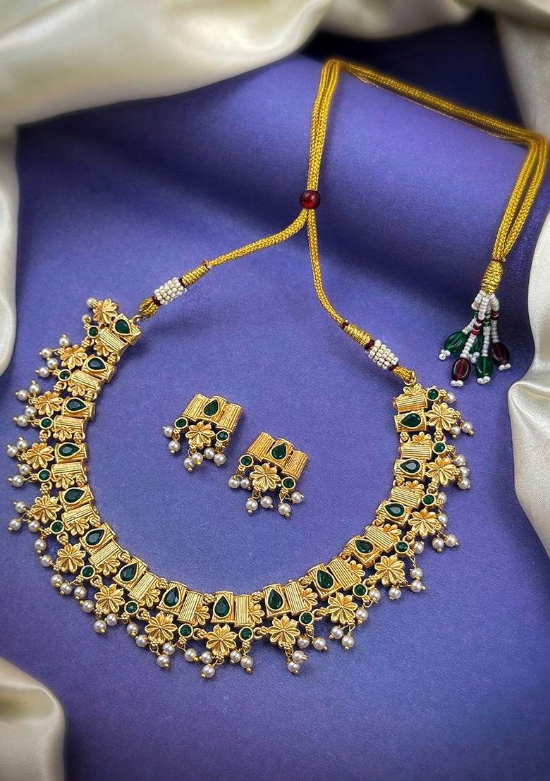 Gold Plated Stone Studded And Beaded Jewellery Set - Indya