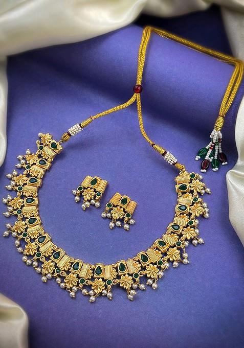 Gold Plated Stone Studded And Beaded Jewellery Set