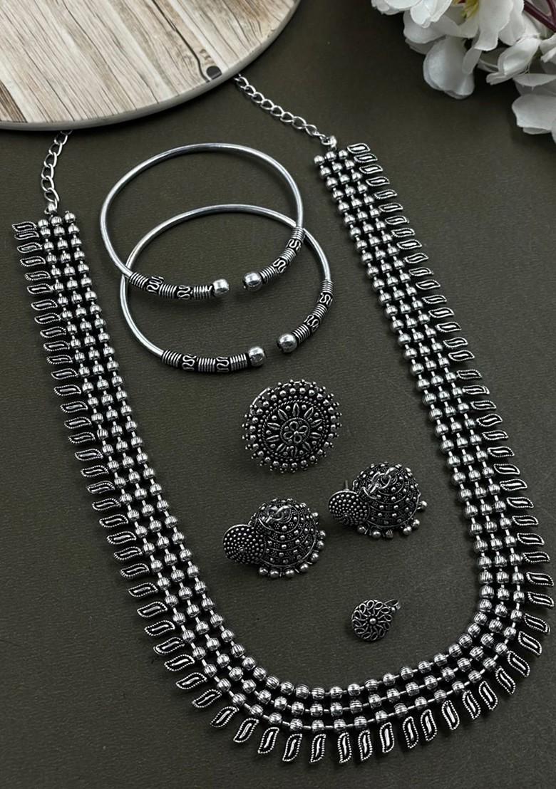 Soumya 3 Line Silver Plated Oxidised Necklace Jewellery Set