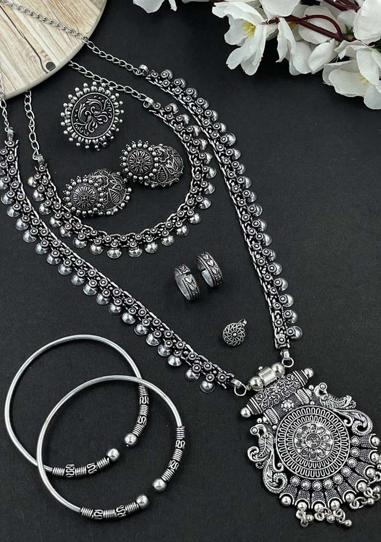 Mukti Silver Plated Oxidised Jewellery Set - Indya