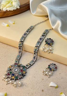 Silver Plated Oxidised Stone Studded And Beaded Jewellery Set