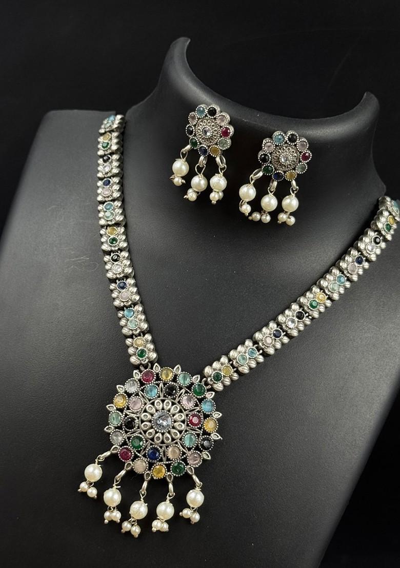 Silver Plated Oxidised Stone Studded And Beaded Jewellery Set