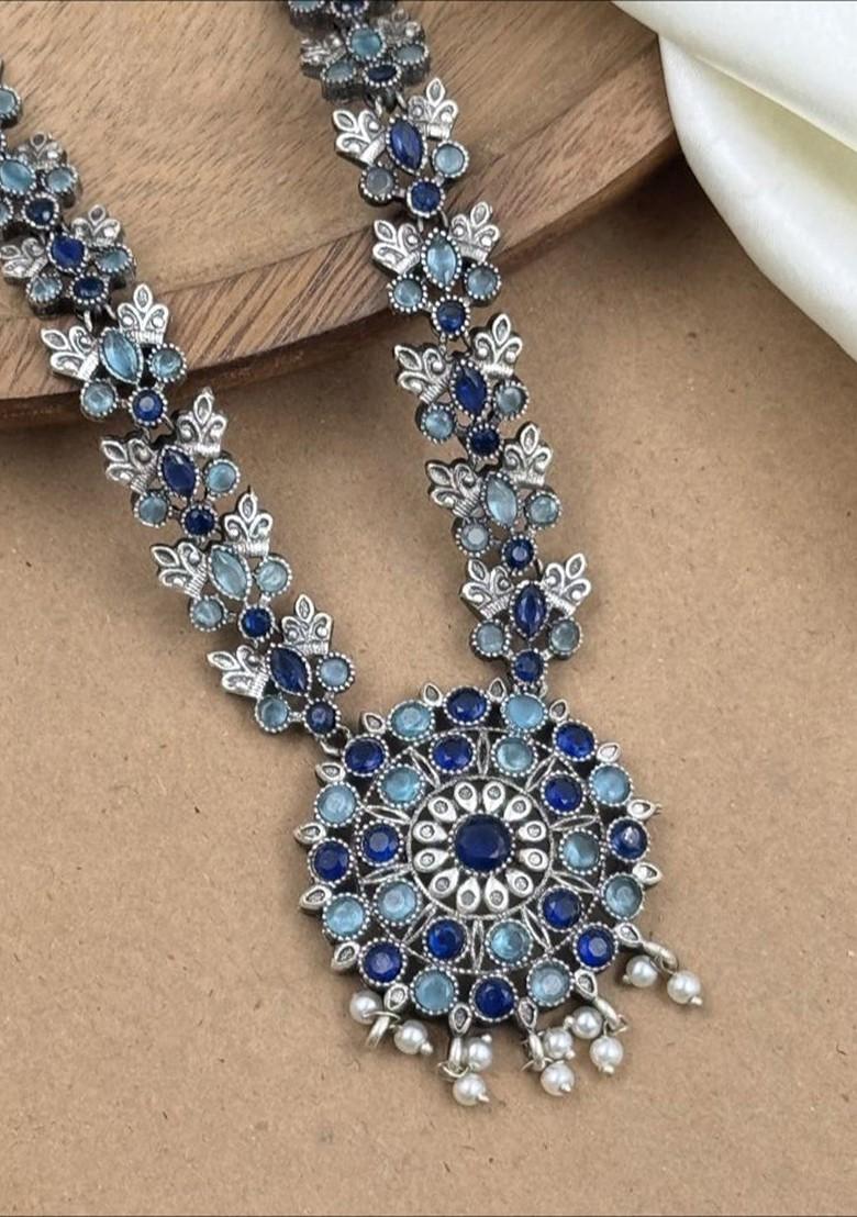 Silver Plated Oxidised Stone Studded And Beaded Jewellery Set