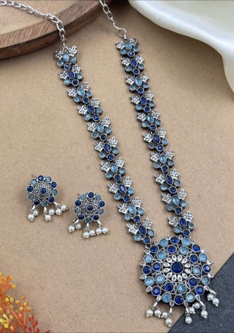 Silver Plated Oxidised Stone Studded And Beaded Jewellery Set - Indya