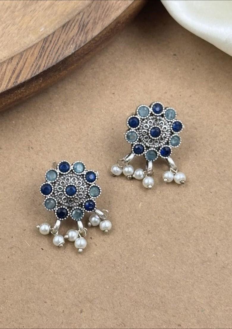 Silver Plated Oxidised Stone Studded And Beaded Jewellery Set