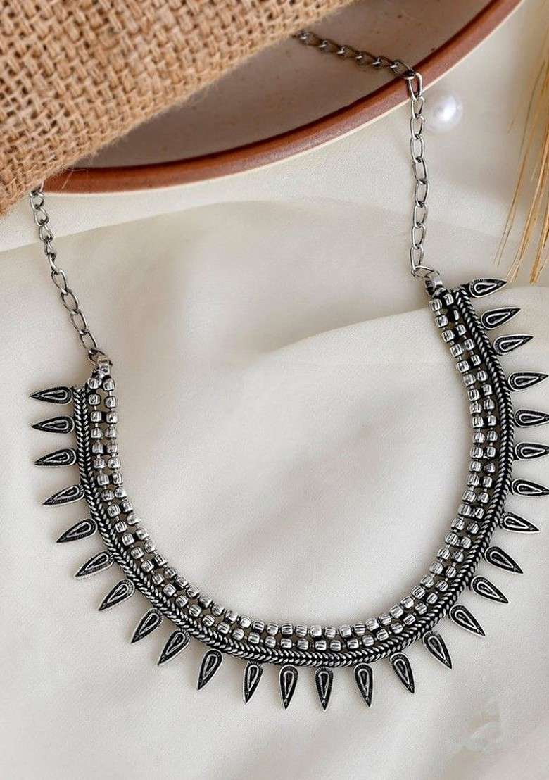 Amisha Silver Plated Oxidised Jewellery Set - Indya