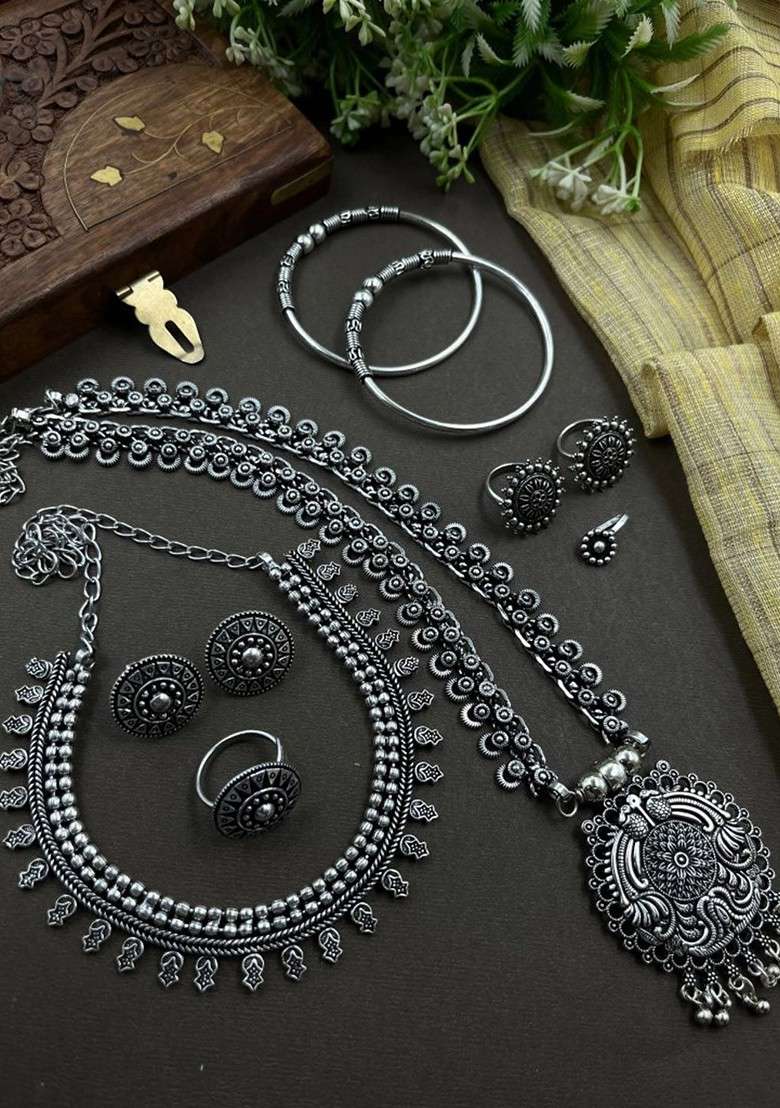 Nupoor Silver Plated Oxidised Jewellery Set - Indya